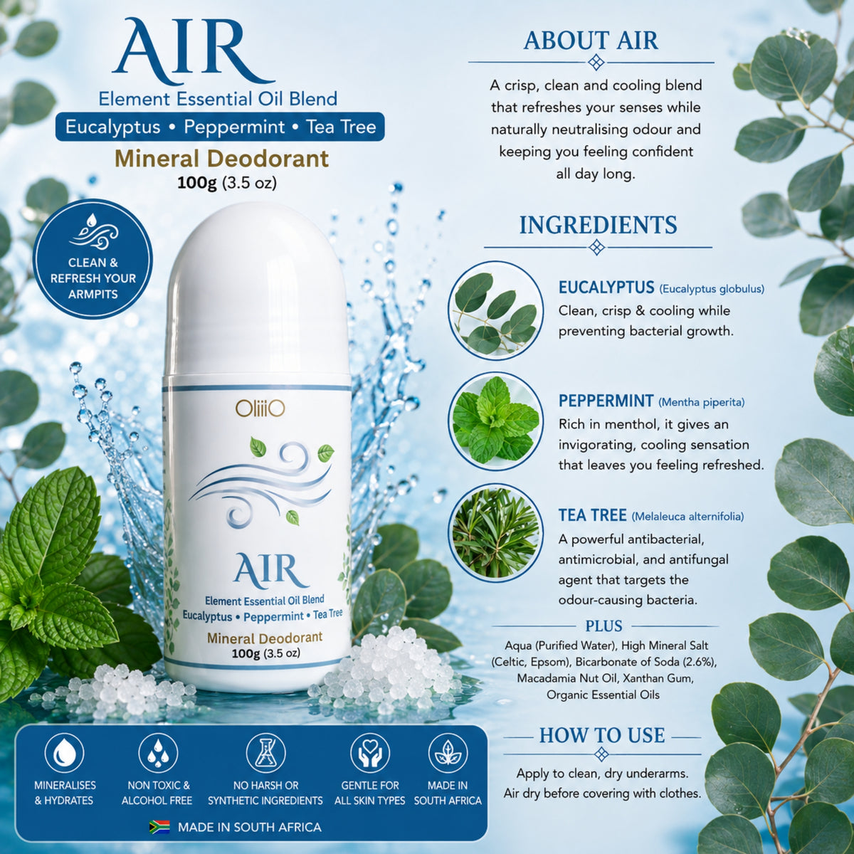 Roll On Mineral Deodorant – AIR Eucalyptus, Peppermint & Tea Tree 100g