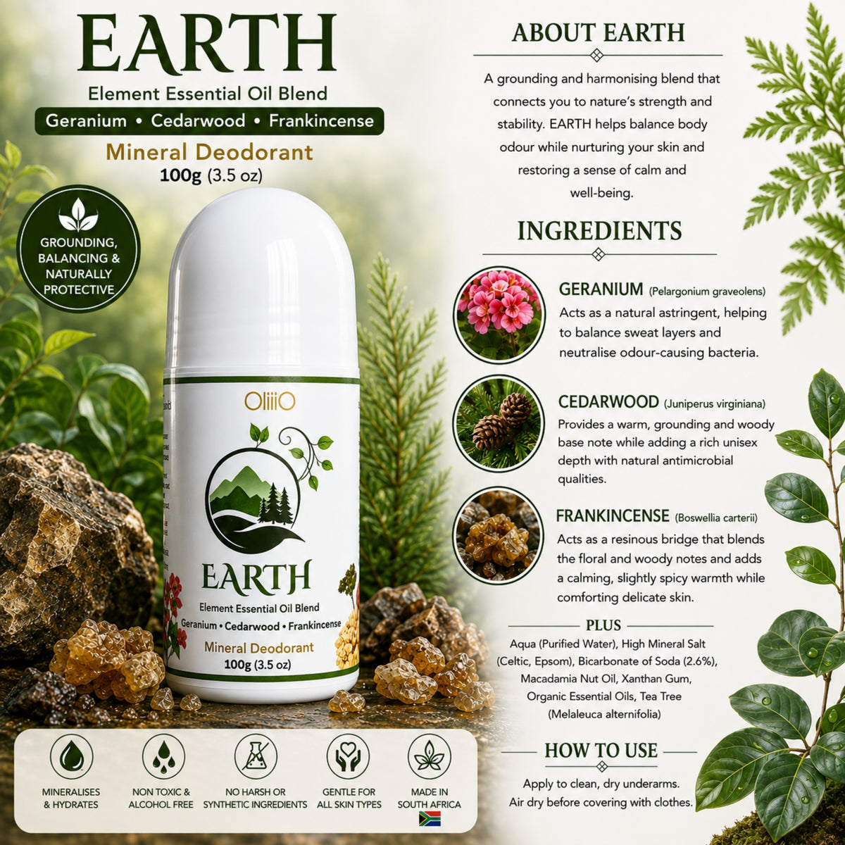 Roll On Mineral Deodorant – EARTH Geranium, Cedarwood & Frankincense 100g