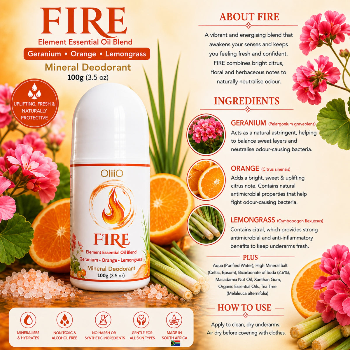 Roll On Mineral Deodorant – FIRE Geranium, Orange & Lemongrass 100g