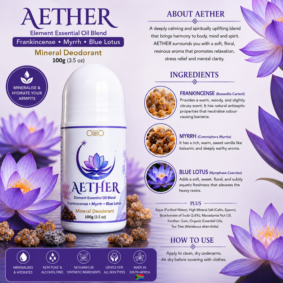 Roll On Mineral Deodorant – AETHER Frankincense, Myrrh & Blue Lotus 100g