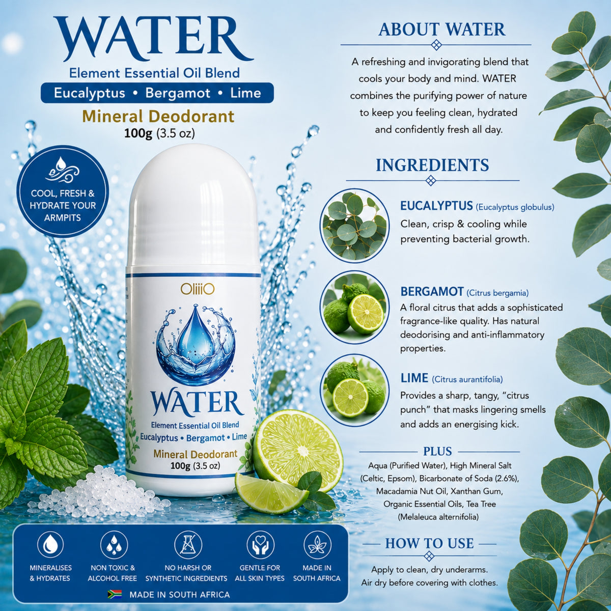 Roll On Mineral Deodorant – WATER Eucalyptus, Bergamot & Lime 100g